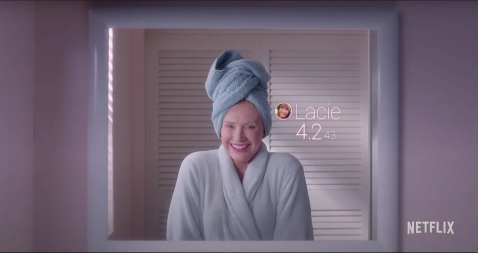 Still from Black Mirror illustrating Lacie Games Her Rating