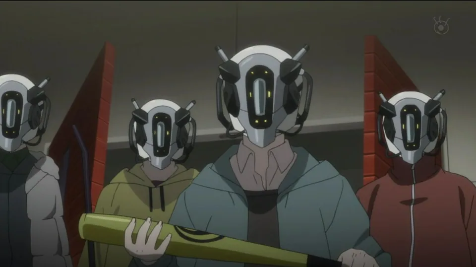 Still from Psycho-Pass illustrating The Helmets Fool the Dominators