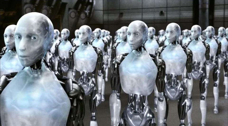 Still from I Robot illustrating VIKI Protects Humanity