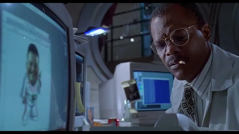 Still from Jurassic Park illustrating Nedry Disables Park Security