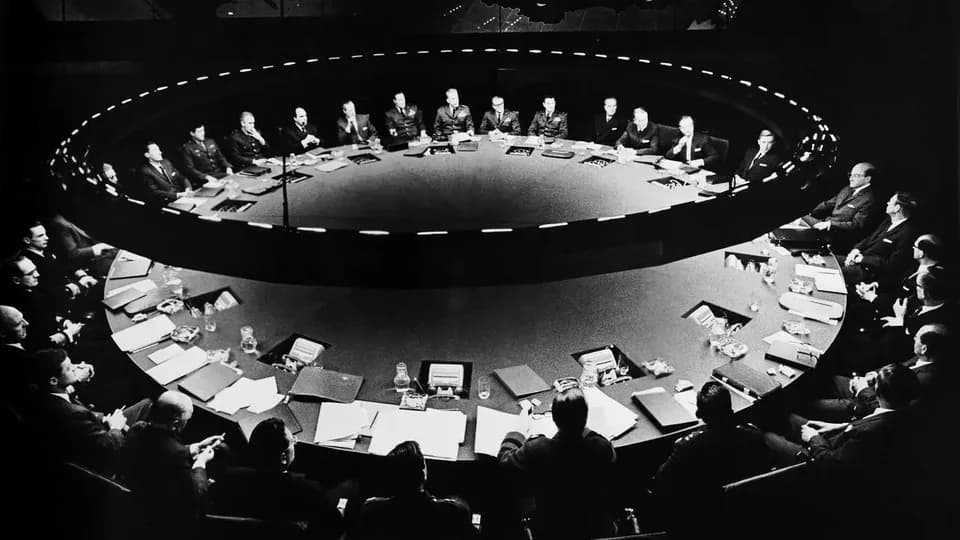 Still from Dr. Strangelove illustrating The Secret Doomsday Machine