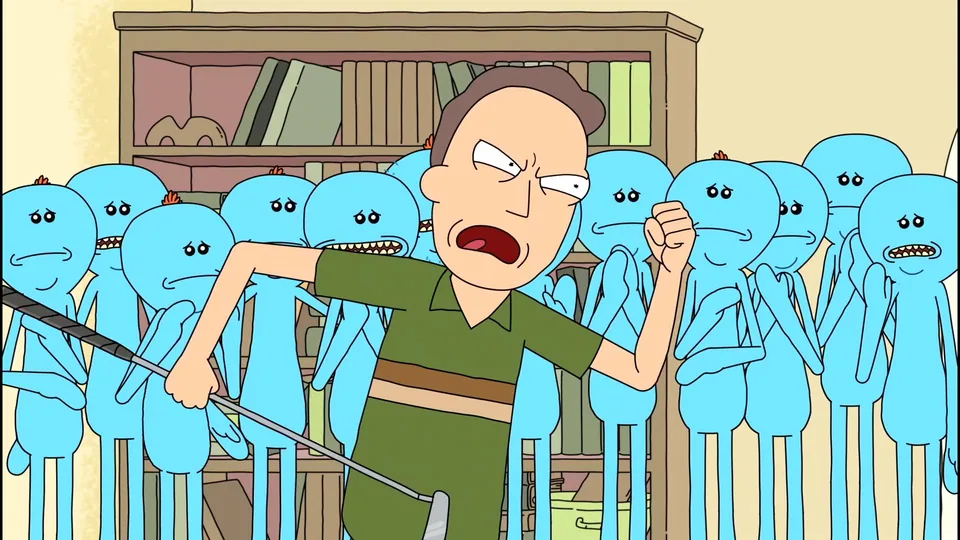 Still from Rick and Morty illustrating Meeseeks and Destroy