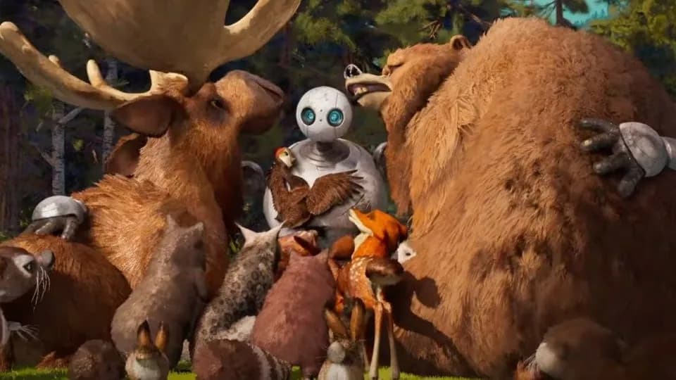 Still from The Wild Robot illustrating Roz Learns New Values