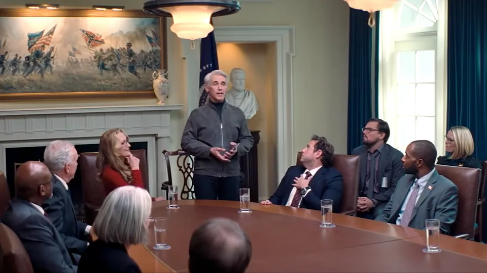 Still from Don’t Look Up illustrating BASH Hijacks the Comet Plan