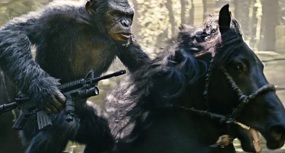 Still from Dawn of the Planet of the Apes illustrating Koba Starts the War