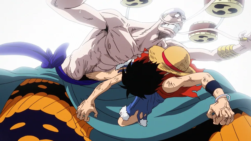 Still from One Piece illustrating Lightning Meets Rubber