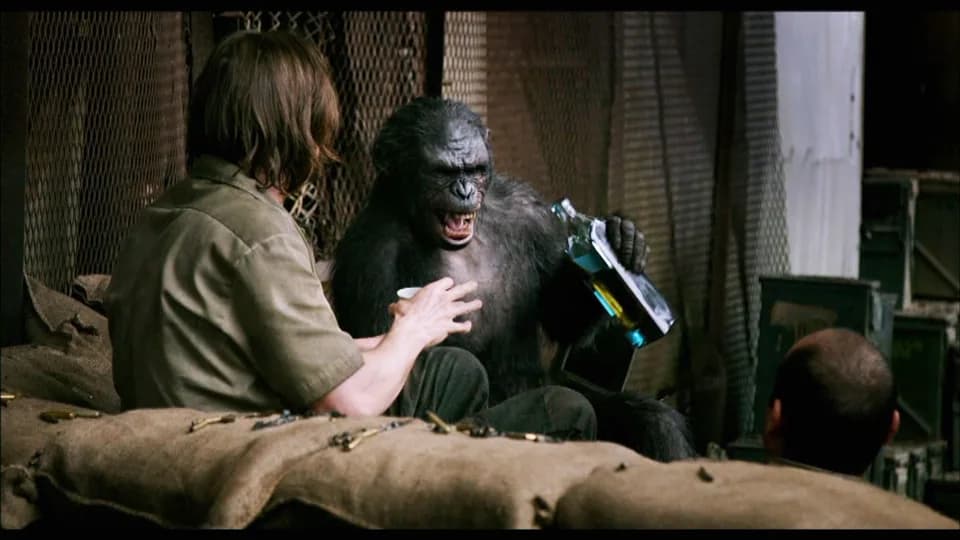 Still from Dawn of the Planet of the Apes illustrating Koba Plays Dumb