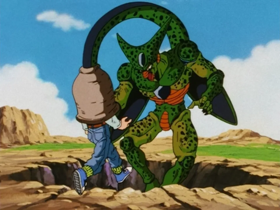 Still from Dragon Ball Z illustrating Cell Absorbs to Perfection
