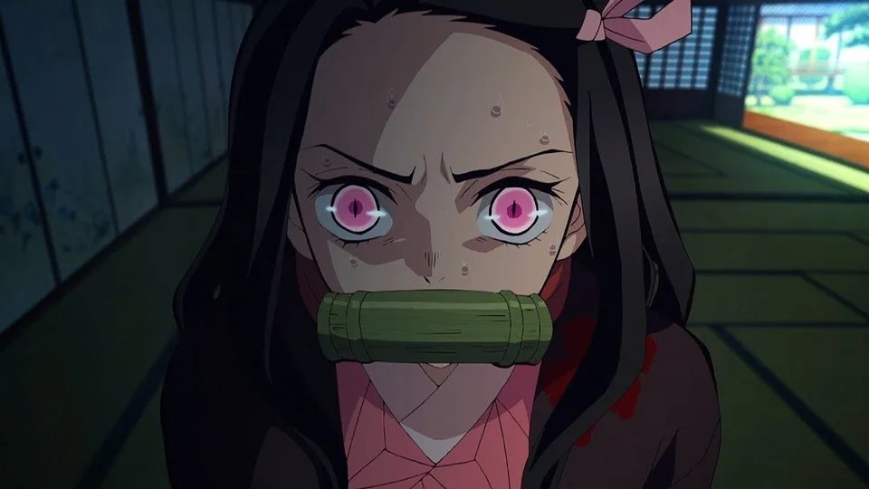 Still from Demon Slayer: Kimetsu no Yaiba illustrating Sanemi Red-Teams Nezuko