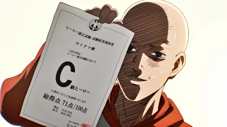 Still from One-Punch Man illustrating Saitama’s C-Class Score