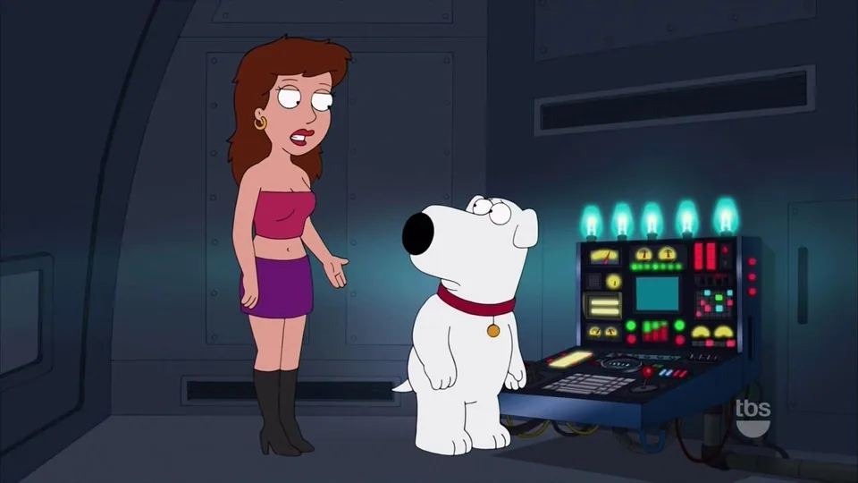 Still from Family Guy illustrating Brian Rewinds the Gauge