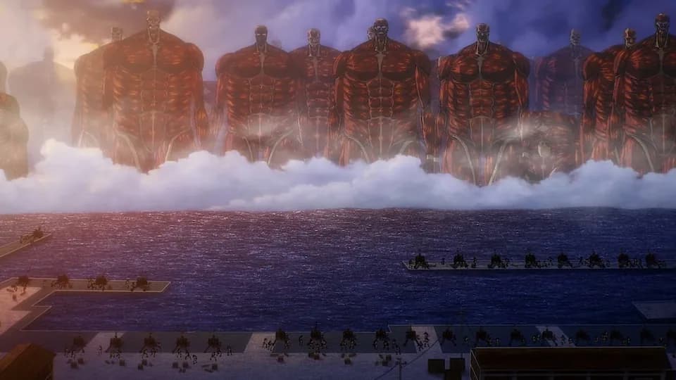 Still from Attack on Titan illustrating Eren Activates the Rumbling