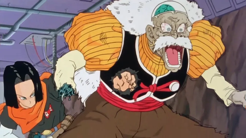 Still from Dragon Ball Z illustrating Android 17 Destroys the Remote