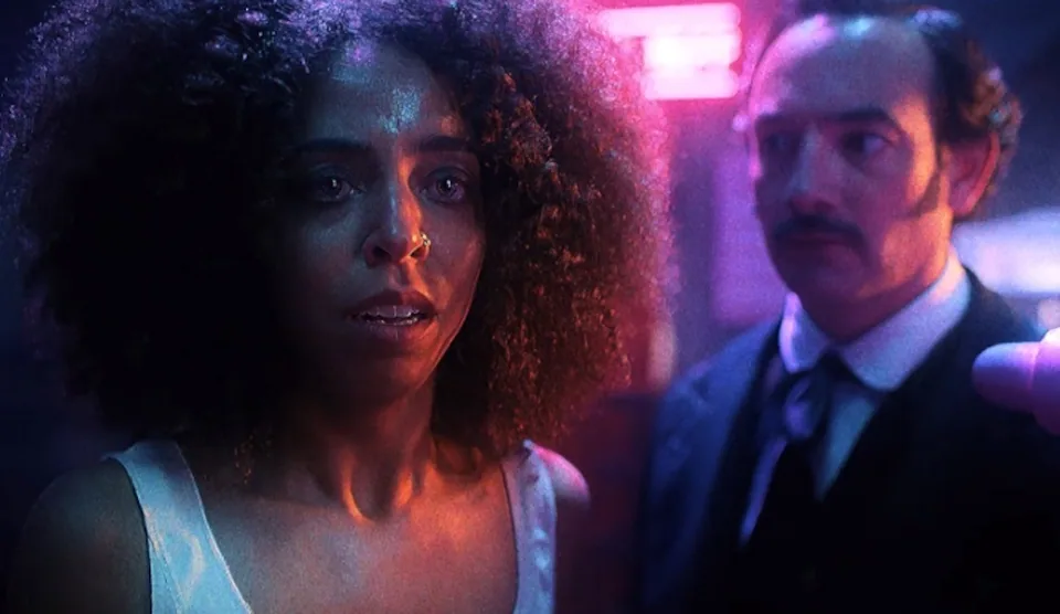Still from Altered Carbon illustrating Lizzie Trains in VR
