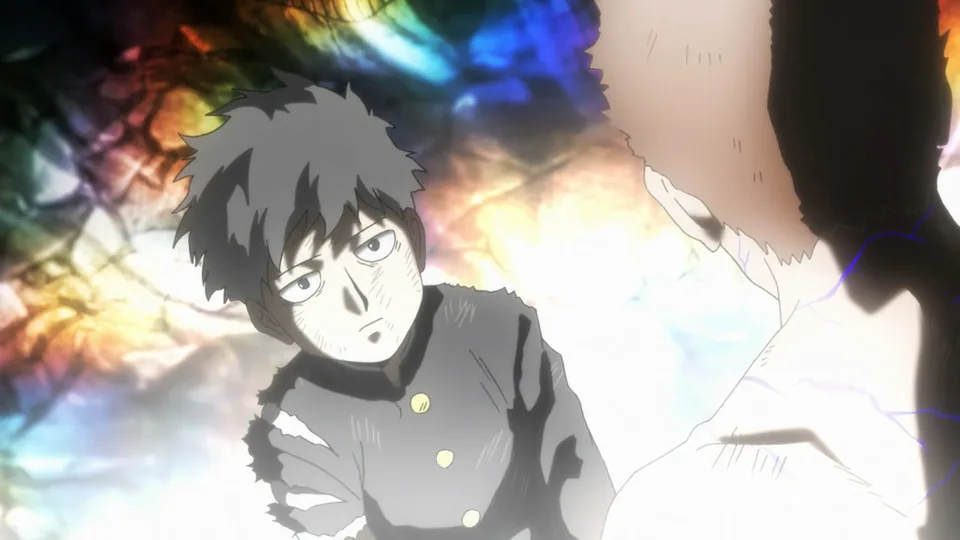 Still from Mob Psycho 100 illustrating Toichiro Hits 100%