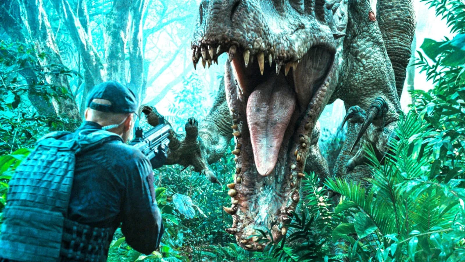 Still from Jurassic World illustrating The Indominus Fakes Escape