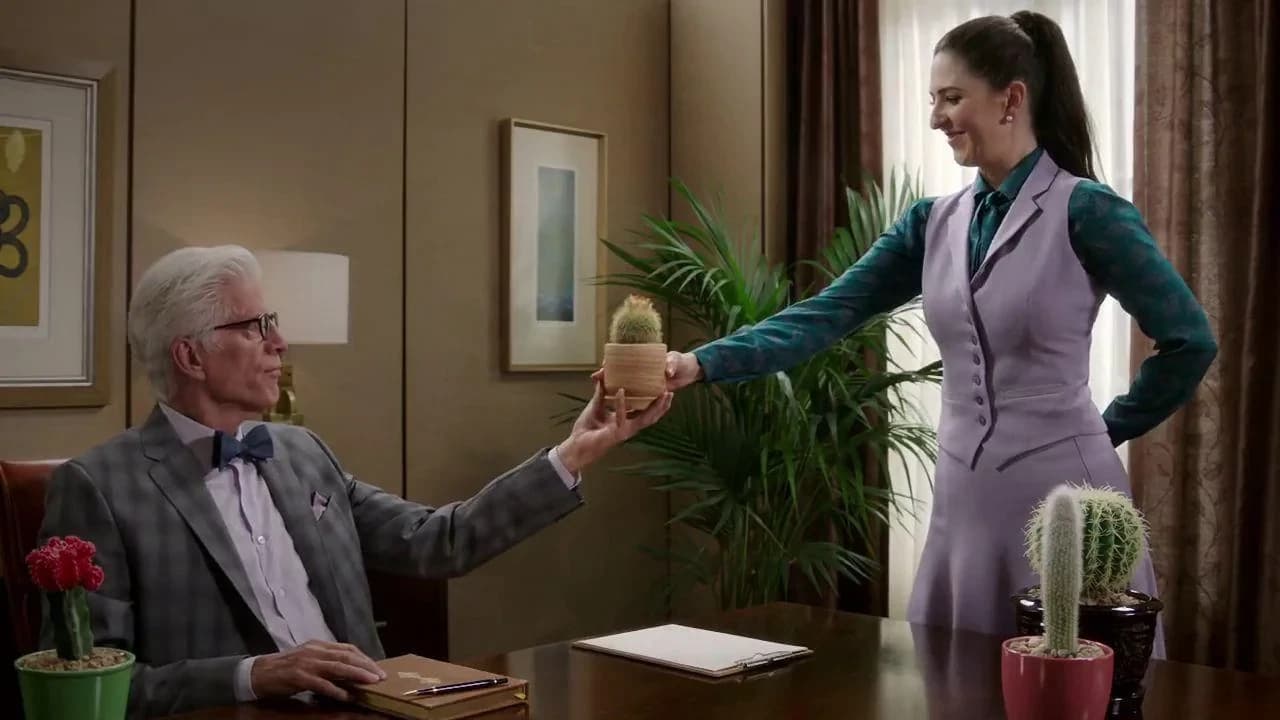 Still from The Good Place illustrating Janet's Reboot Pleas