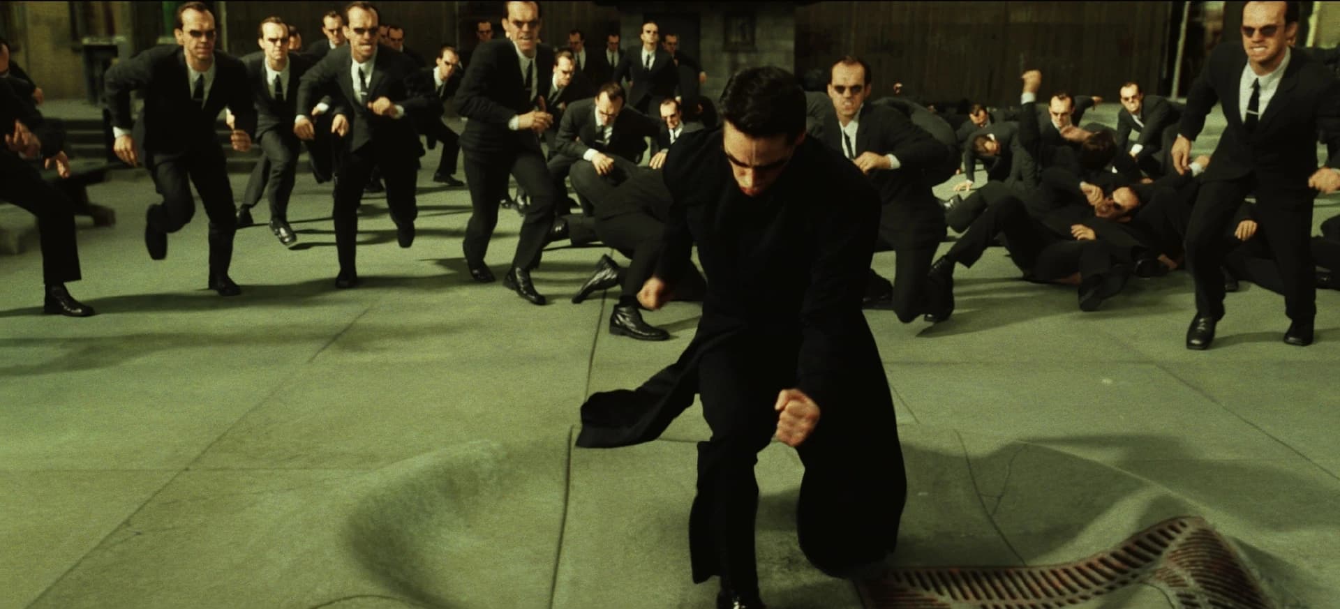 Still from The Matrix Reloaded illustrating Smith Copies Himself