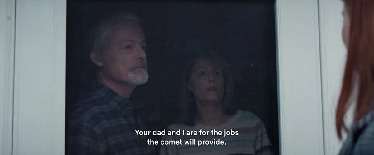 Still from Don’t Look Up illustrating The Jobs the Comet Will Provide