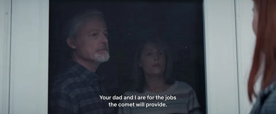 Still from Don’t Look Up illustrating The Jobs the Comet Will Provide